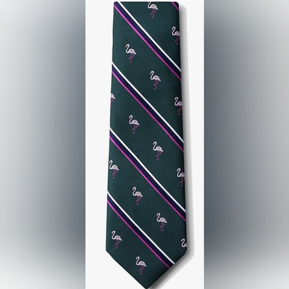 Green tie with silver black and pink stripes of the wildtie brand flamingos deco
